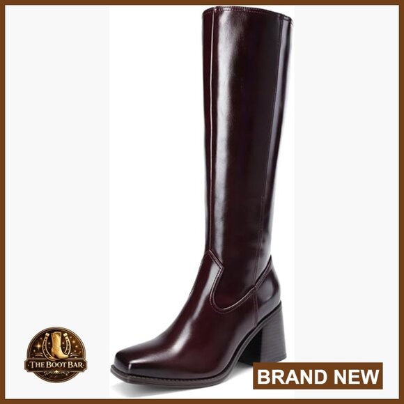 Women's Knee High Boots Chunky Heel Square Toe Side Zipper Tall Boots